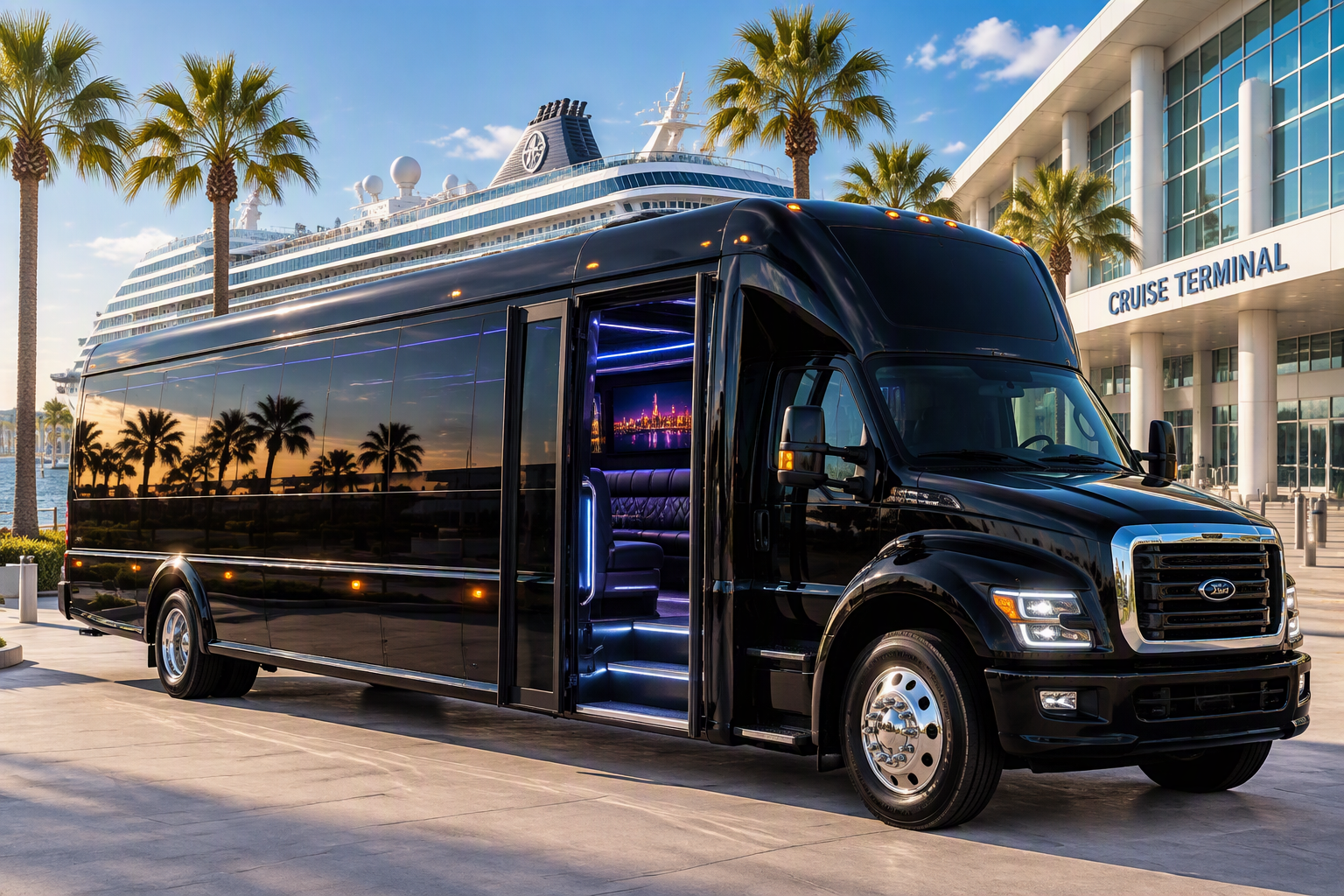 Luxury party bus interior with LED lights and celebration atmosphere